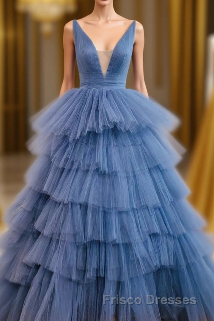 Blue V Neck Tiered Sleeveless Tulle Formal Prom Dress, Gorgeous Long Party Dress