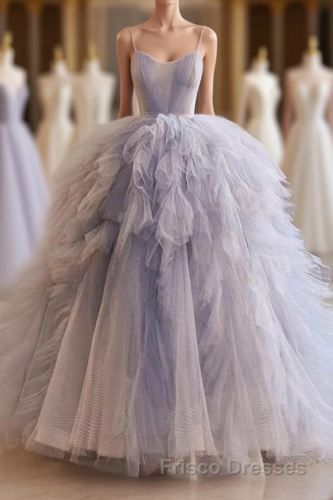 Blue Tulle Long Formal Prom Gown, Blue Tulle Long Sweet 16 Dress