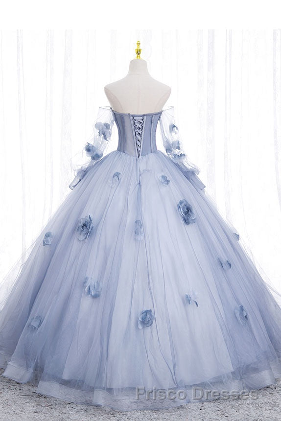 Blue Long Sleeves Tulle Formal Prom Dress with Flowers, Puffy Off the Shoulder Quinceanera Dress Secondary image