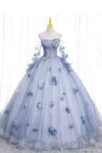 Blue Long Sleeves Tulle Formal Prom Dress with Flowers, Puffy Off the Shoulder Quinceanera Dress