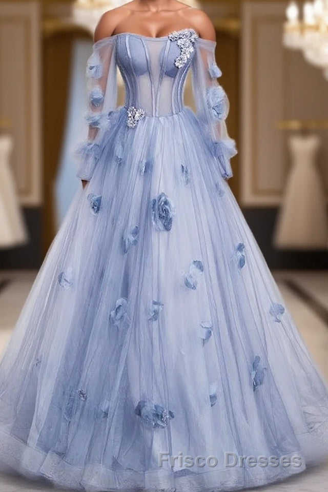 Blue Long Sleeves Tulle Formal Prom Dress with Flowers, Puffy Off the Shoulder Quinceanera Dress Main image