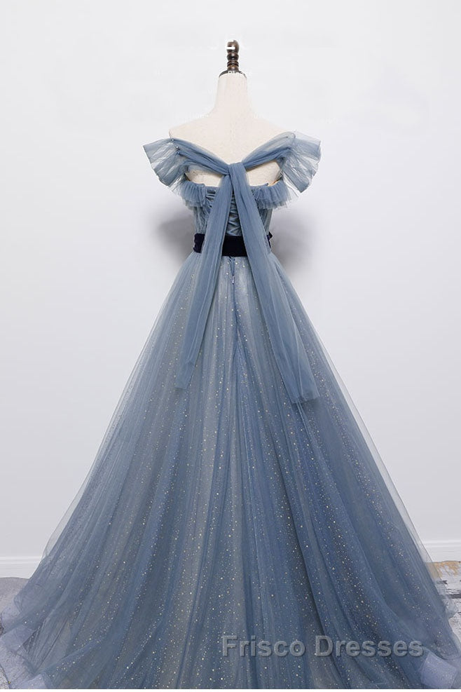 Blue Off the Shoulder Tulle Long Formal Prom Dress with Sash, Sparkly Formal Prom Gown