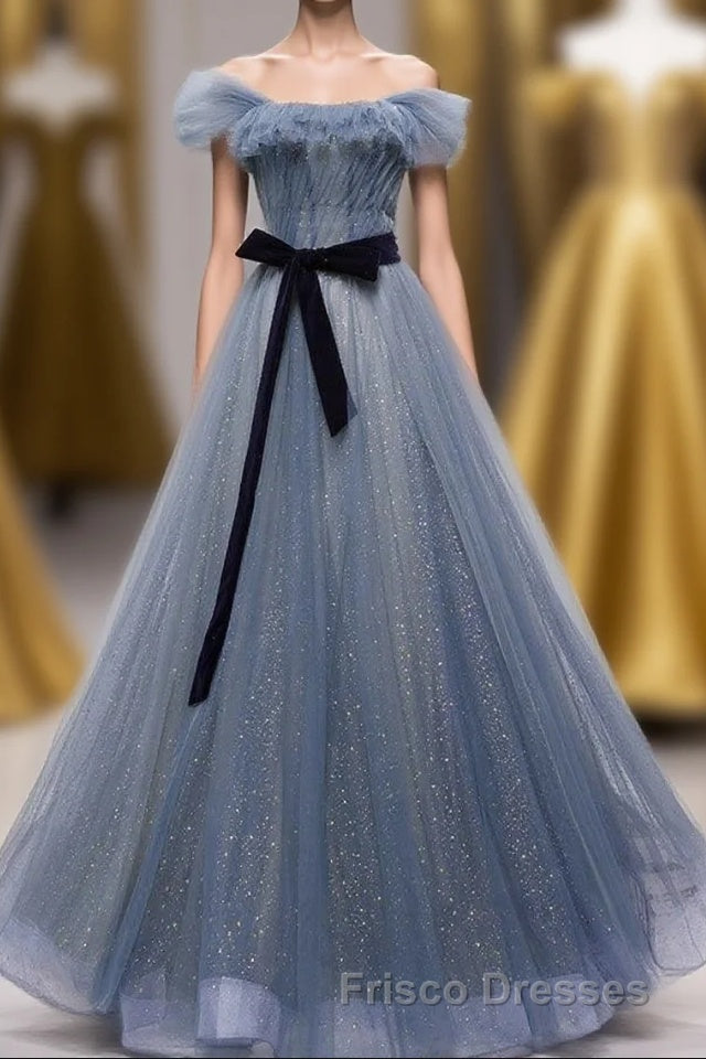 Blue Off the Shoulder Tulle Long Formal Prom Dress with Sash, Sparkly Formal Prom Gown Main image
