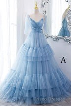 A Line V Neck New Style Tiered Long Tulle Formal Prom Dress, Evening Gown with Flower