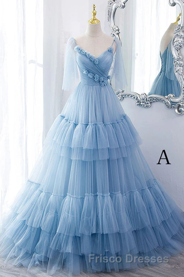 A Line V Neck New Style Tiered Long Tulle Formal Prom Dress, Evening Gown with Flower