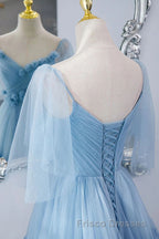 A Line V Neck New Style Tiered Long Tulle Formal Prom Dress, Evening Gown with Flower