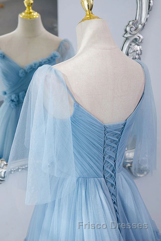 A Line V Neck New Style Tiered Long Tulle Formal Prom Dress, Evening Gown with Flower