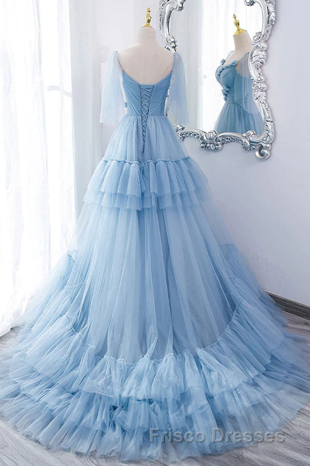 A Line V Neck New Style Tiered Long Tulle Formal Prom Dress, Evening Gown with Flower Secondary image