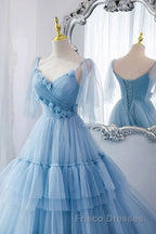 A Line V Neck New Style Tiered Long Tulle Formal Prom Dress, Evening Gown with Flower