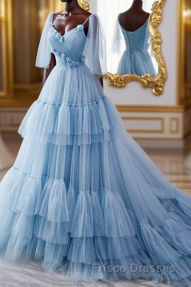 A Line V Neck New Style Tiered Long Tulle Formal Prom Dress, Evening Gown with Flower