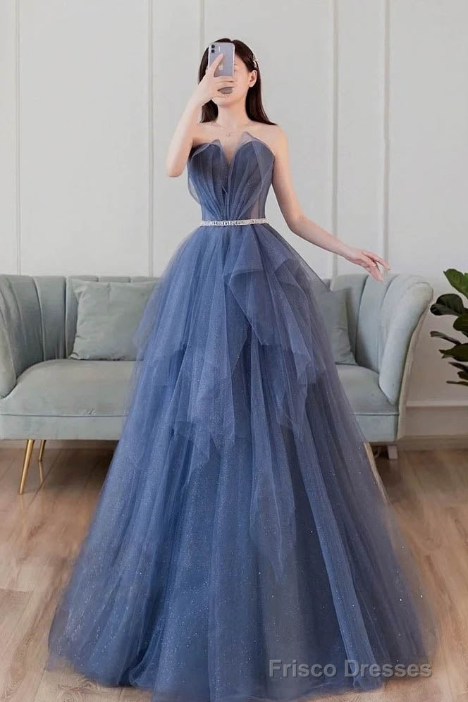 Blue Sweetheart Sleeveless Floor Length Sparkly Evening Prom Dresses with Belt Main image