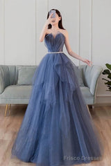 Blue Sweetheart Sleeveless Floor Length Sparkly Evening Prom Dresses with Belt
