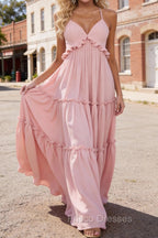 Blush A-line V Neck Sleeveless Floor-Length Chiffon Prom Dress Long Prom Dresses Backless with Pleated Ruffles