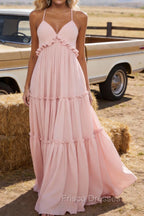 Blush A-line V Neck Sleeveless Floor-Length Chiffon Prom Dress Long Prom Dresses Backless with Pleated Ruffles