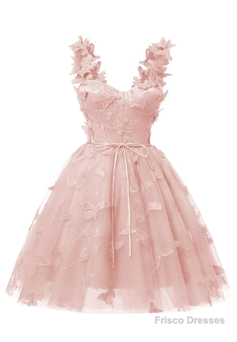 Blush Pink 3D Butterfly Lace Applique Tulle Homecoming Dress for Teens Sweetheart Mini Short Prom Dresses Secondary image