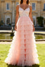 Blush Pink A Line Corset Sequins Tiered Ruffle Long Prom Dress with Appliques