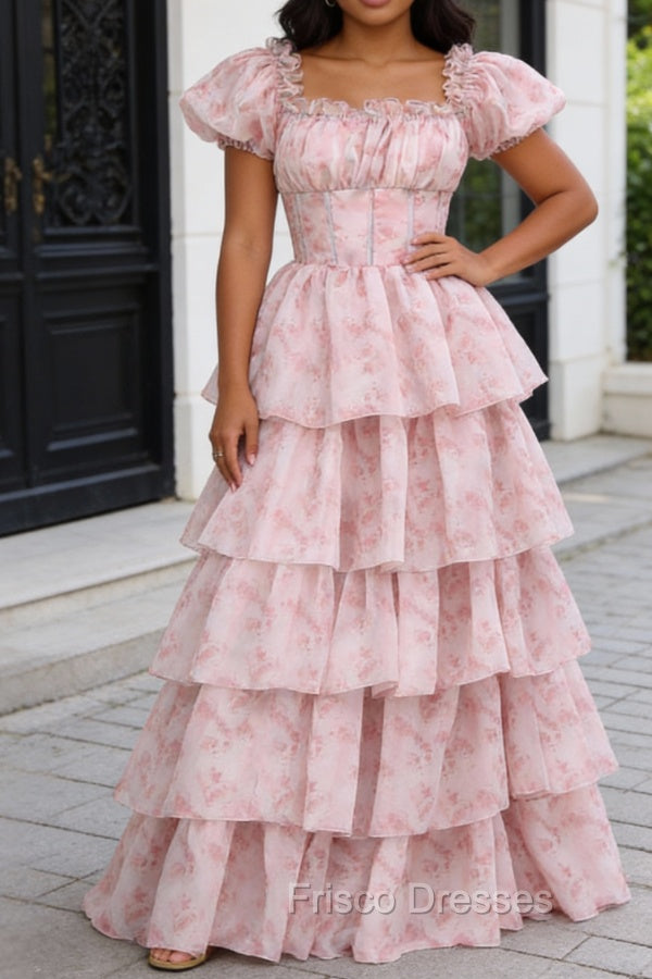 Blush Pink A Line Square Neck Tiered Prom Dress with Ruffles