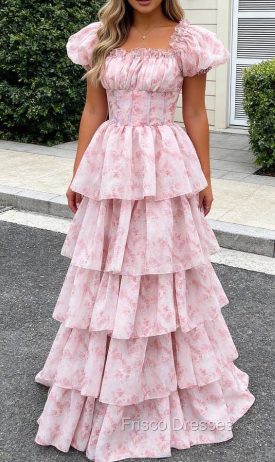 Blush Pink A Line Square Neck Tiered Prom Dress with Ruffles