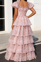 Blush Pink A Line Square Neck Tiered Prom Dress With Slit