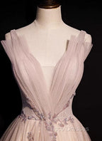 Blush Pink A-Line V-Neck Glitter Tulle With Beaded Long Formal Prom Dress Adult Ceremony Evening Dress