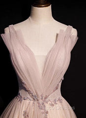 Blush Pink A-Line V-Neck Glitter Tulle With Beaded Long Formal Prom Dress Adult Ceremony Evening Dress
