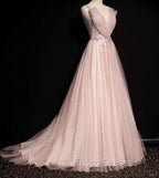Blush Pink A-Line V-Neck Glitter Tulle With Beaded Long Formal Prom Dress Adult Ceremony Evening Dress