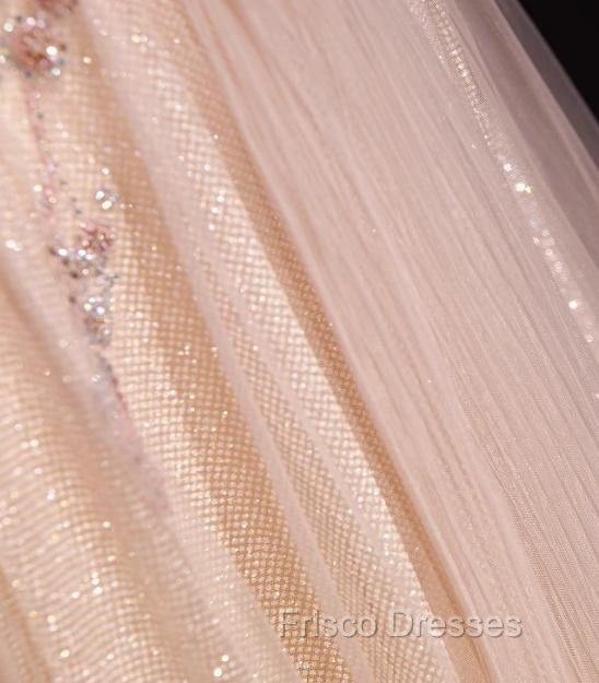 Blush Pink A-Line V-Neck Glitter Tulle With Beaded Long Formal Prom Dress Adult Ceremony Evening Dress