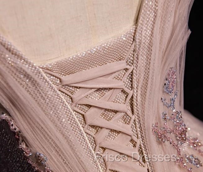 Blush Pink A-Line V-Neck Glitter Tulle With Beaded Long Formal Prom Dress Adult Ceremony Evening Dress
