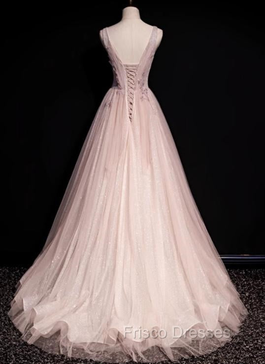 Blush Pink A-Line V-Neck Glitter Tulle With Beaded Long Formal Prom Dress Adult Ceremony Evening Dress