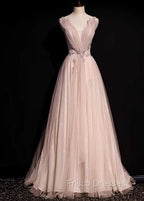 Blush Pink A-Line V-Neck Glitter Tulle With Beaded Long Formal Prom Dress Adult Ceremony Evening Dress