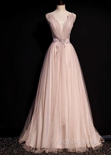 Blush Pink A-Line V-Neck Glitter Tulle With Beaded Long Formal Prom Dress Adult Ceremony Evening Dress