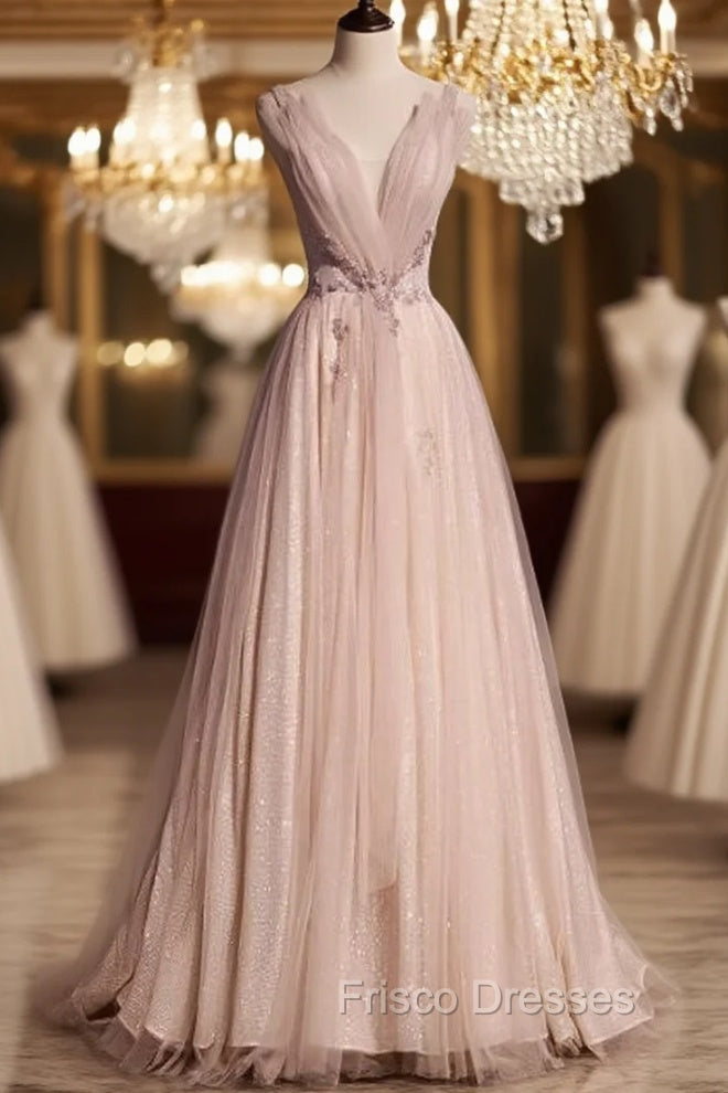 Blush Pink A-Line V-Neck Glitter Tulle With Beaded Long Formal Prom Dress Adult Ceremony Evening Dress Main image
