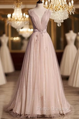 Blush Pink A-Line V-Neck Glitter Tulle With Beaded Long Formal Prom Dress Adult Ceremony Evening Dress