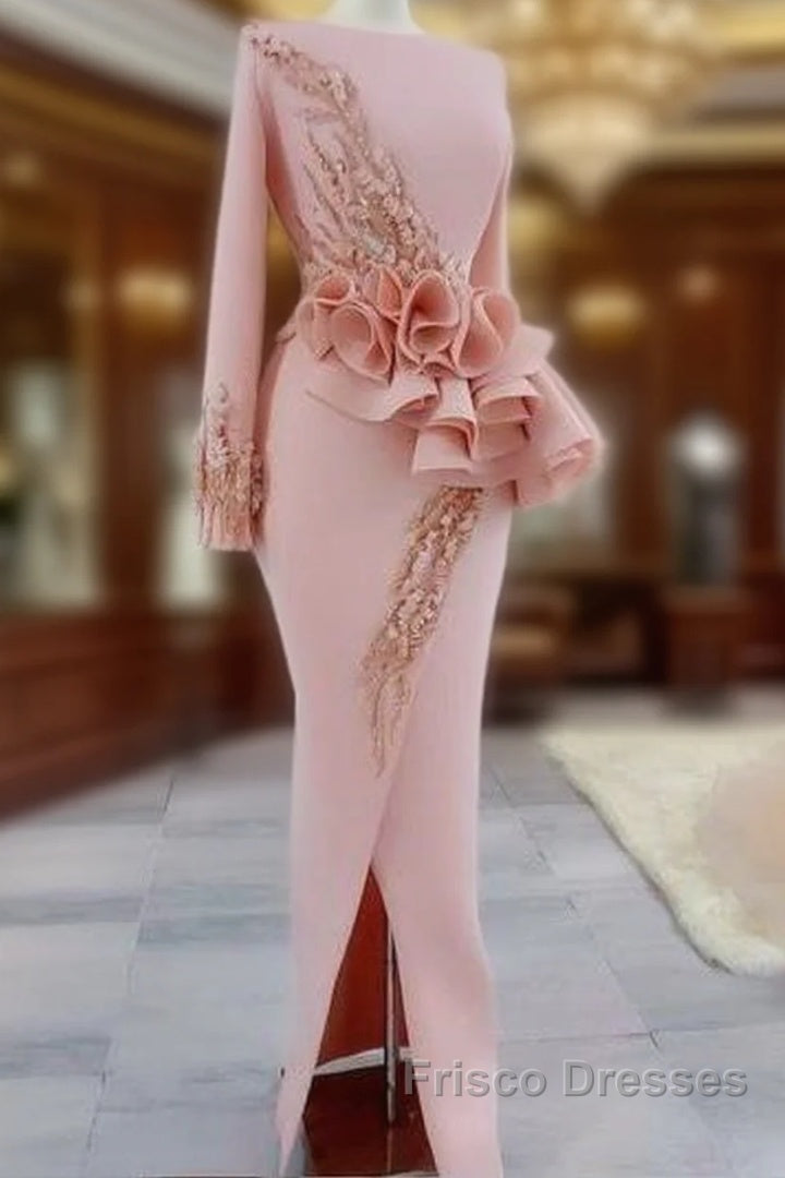 Blush Pink Aso Ebi Evening Dress Long Sleeves Peplum Beads Appliques Pearls Side Split Mermaid Formal Prom Dress Main image