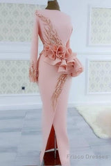 Blush Pink Aso Ebi Evening Dresses Long Sleeves Peplum Beads Appliques Pearls Side Split Mermaid Prom Dress