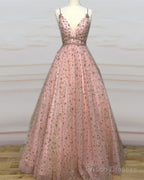 Blush Pink Ball Gown V-Neck Prom Dresses With Gold Stars