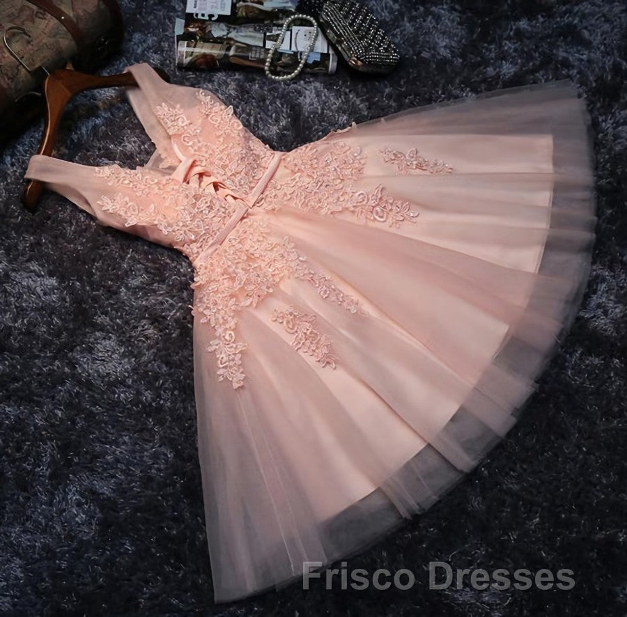 Blush Pink Lace Appliqued Tulle Homecoming Dress,Formal Prom Dress
