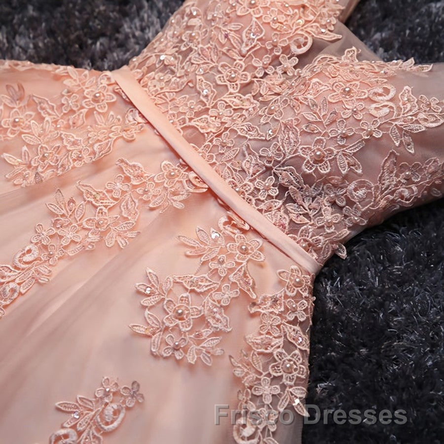 Blush Pink Lace Appliqued Tulle Homecoming Dress,Formal Prom Dress