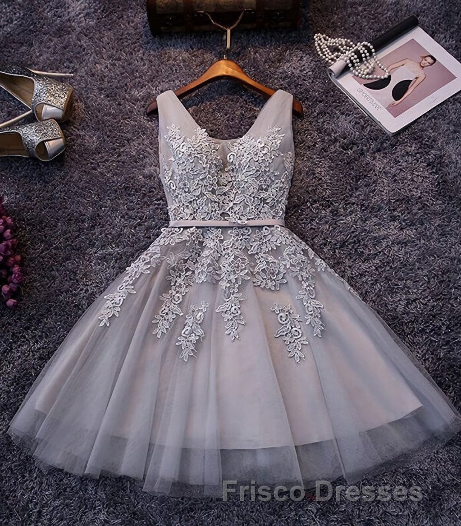 Blush Pink Lace Appliqued Tulle Homecoming Dress,Formal Prom Dress