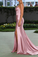 Blush Pink Mermaid Strapless Pleated Corset Long Prom Dress with Slit