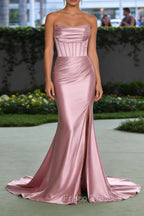 Blush Pink Mermaid Strapless Pleated Corset Long Prom Dress with Slit