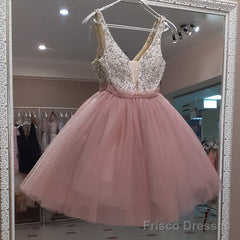 Blush Pink Tulle And Sequined Top Dress Homecoming Dress