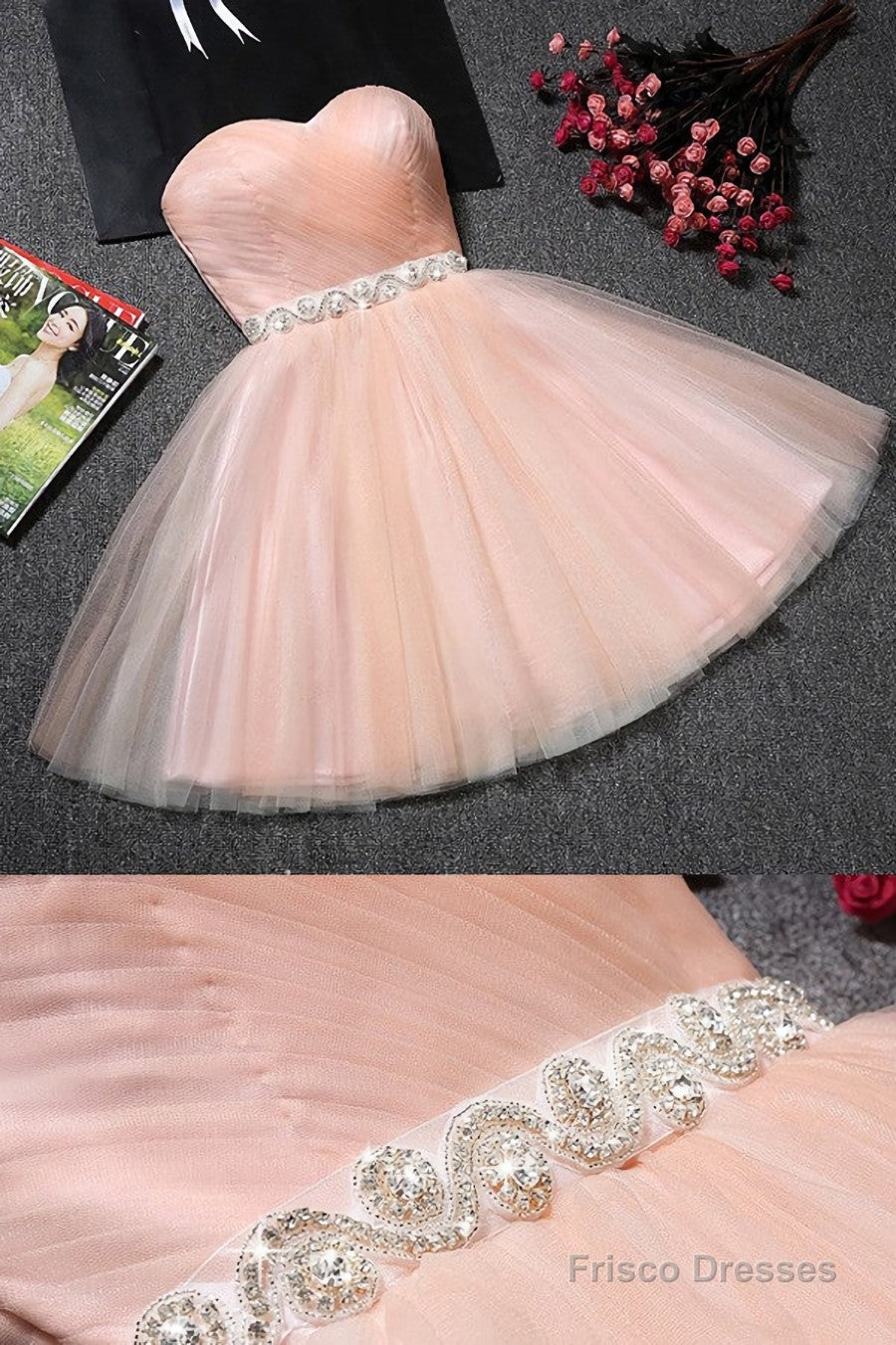 Blush Pink Tulle Strapless Sweetheart Neck Short Prom Dresses,Mini Homecoming Dress Main image