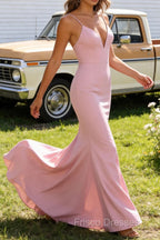 Blush Pink V Neck Mermaid Spaghetti Straps Long Prom Dress