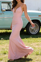 Blush Pink V Neck Spaghetti Straps Long Prom Dress