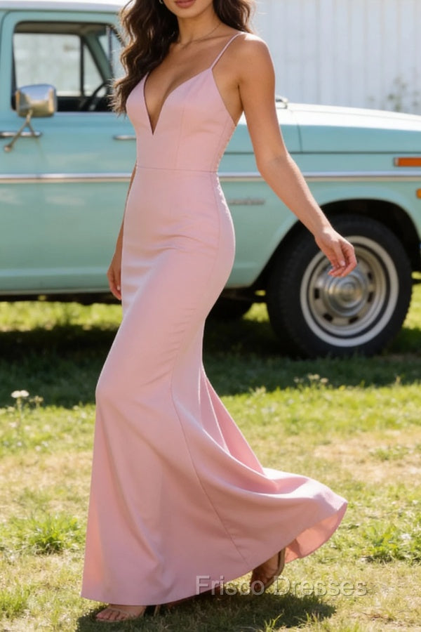 Blush Pink V Neck Spaghetti Straps Long Prom Dress