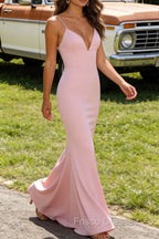 Blush Pink V Neck Spaghetti Straps Long Prom Dress
