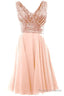 Blush Pink V Sleeveless Chiffon Short Bridesmaid Dress With Rose Gold Sequins Prom Gown
