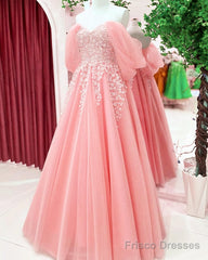 Blush Tulle A-Line Off Shoulder Appliques Dress