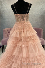 Blushing Pink Tulle Ruffle Layers Lace-Up Back A-Line Formal Prom Dress